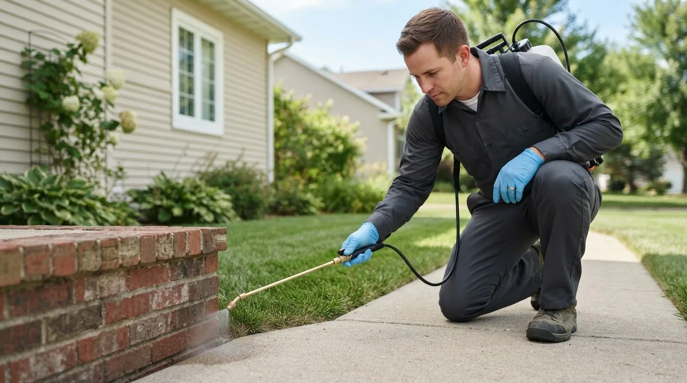 Pest control technician treating a home near Savage, MN